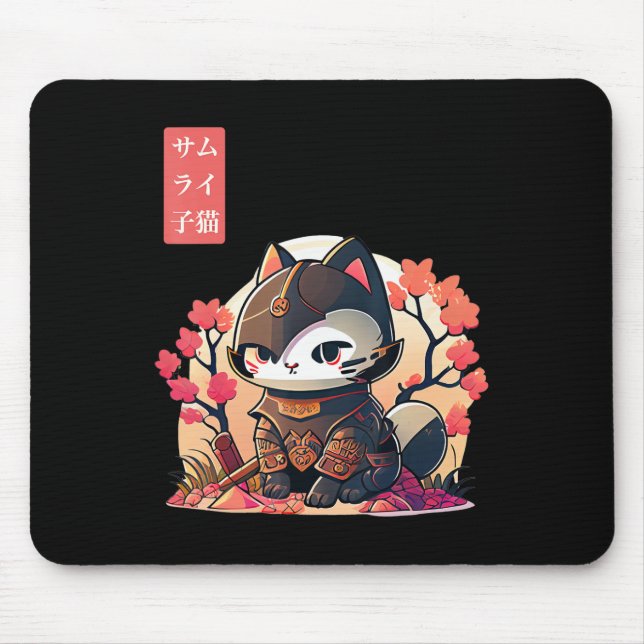 Retro Kawaii Samurai Katze mit Cherry Blossom Tree Mousepad (Vorne)