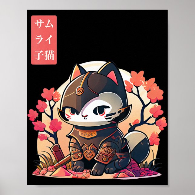 Retro Kawaii Samurai Katze mit Cherry Blossom Tree Poster (Vorne)