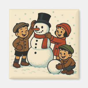 Retro Kinder bauen einen Schneemann Magnet