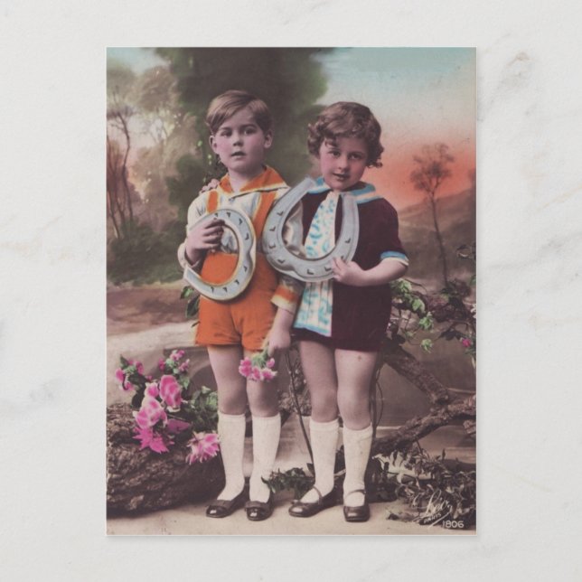 Retro-Kinder mit Viel Glück-Pferdeschuhen Postkart Postkarte (Vorderseite)