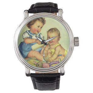 Retro-Kinder, süße glückliche Kleinkinder lächeln  Armbanduhr