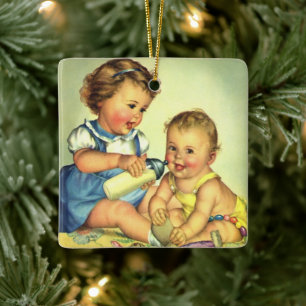 Retro Kinder, süße glückliche Kleinkinder lächeln Keramikornament