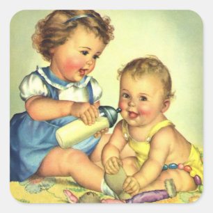 Retro Kinder, süße glückliche Kleinkinder lächeln  Quadratischer Aufkleber