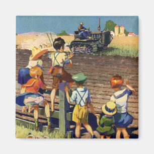 Retro-Kinder winken einem örtlichen Bauern auf ein Magnet