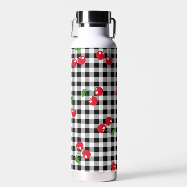 Retro Kirsch Gingham Süße Rot & Schwarz Kariert  Trinkflasche (Vorne)