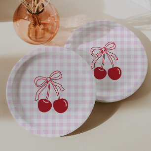 Retro-Kirsch-Rosa-Gingham-Geburtstag Pappteller