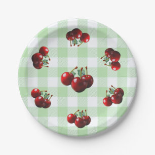 Retro-Kirschen frisch gepflückt grünes Gingham Pappteller