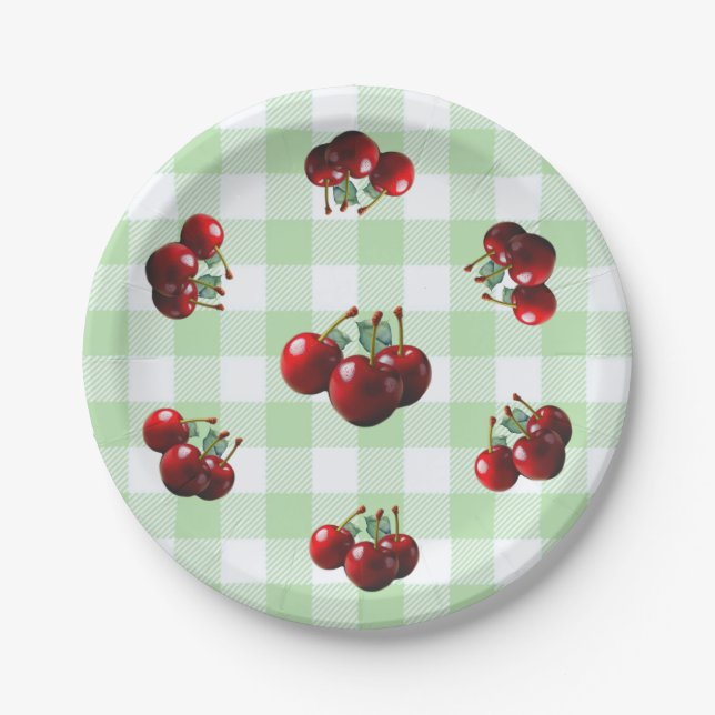 Retro-Kirschen frisch gepflückt grünes Gingham Pappteller (Vorderseite)