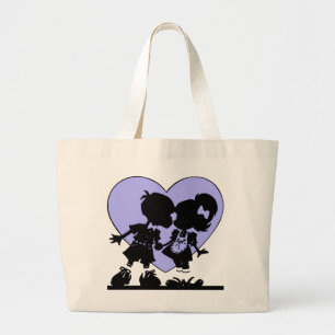 Retro Kiss Cartoon Boy and Girl Blue heart Jumbo Stoffbeutel