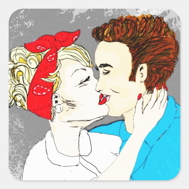 Retro Kissing Paar Quadratischer Aufkleber (Vorderseite)