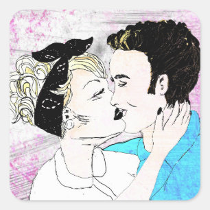Retro Kissing Paar Quadratischer Aufkleber