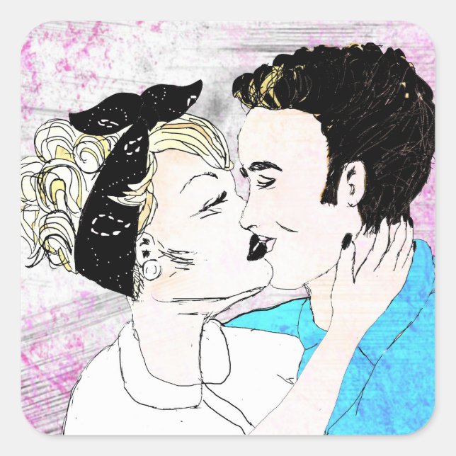 Retro Kissing Paar Quadratischer Aufkleber (Vorderseite)