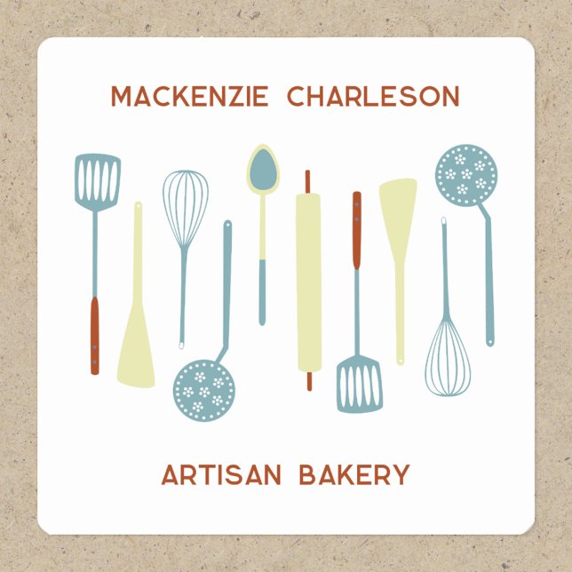 Retro Kitchen Bakery Café Catering Quadratischer Aufkleber (Retro kitchen utensil design sticker with custom text for bakery, catering business, cafe and more)