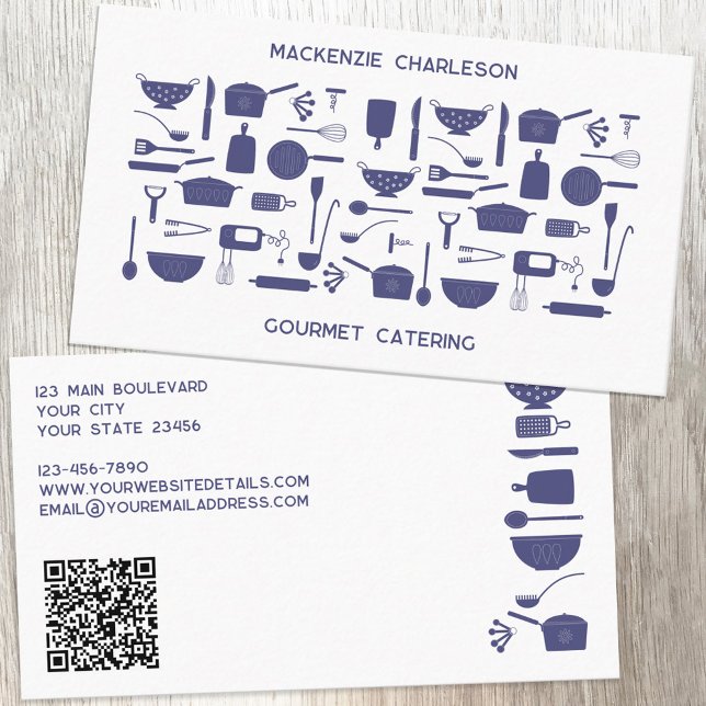Retro Kitchen Catering Bäckerei Koch QR Code Visitenkarte (Navy indigo blue and white retro kitchen utensils QR code bakery, chef, catering, cafe business card)