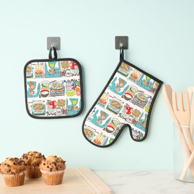 Retro Kitchen Cook Book Illustration Aqua Ofenhandschuh & Topflappen-Set (Insitu (Hängend))