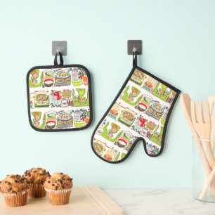 Retro Kitchen Cook Book Illustration Bright Green Ofenhandschuh & Topflappen-Set