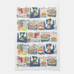 Retro Kitchen Cook Book Illustration Navy Blue Geschirrtuch