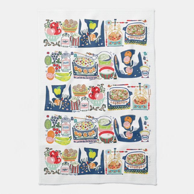 Retro Kitchen Cook Book Illustration Navy Blue Geschirrtuch (Vertikal)