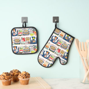Retro Kitchen Cook Book Illustration Navy Blue Ofenhandschuh & Topflappen-Set