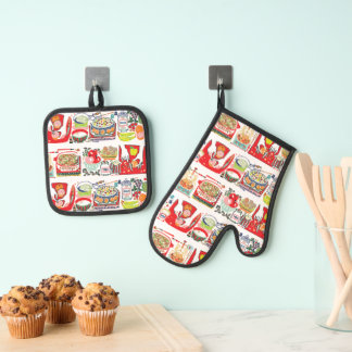 Retro Kitchen Cook Book Illustration Red Ofenhandschuh & Topflappen-Set