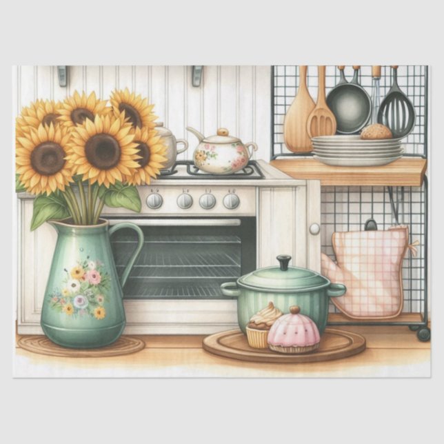 Retro Kitchen Geschirr und Sonnenblumen Handwerk Seidenpapier (Vorderseite)