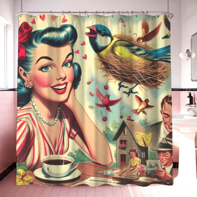 Retro Kitsch Girl Illustration der 1950er Jahre Duschvorhang (Von Creator hochgeladen)