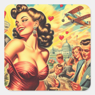 Retro Kitsch Niedliches Button Quadratischer Aufkleber