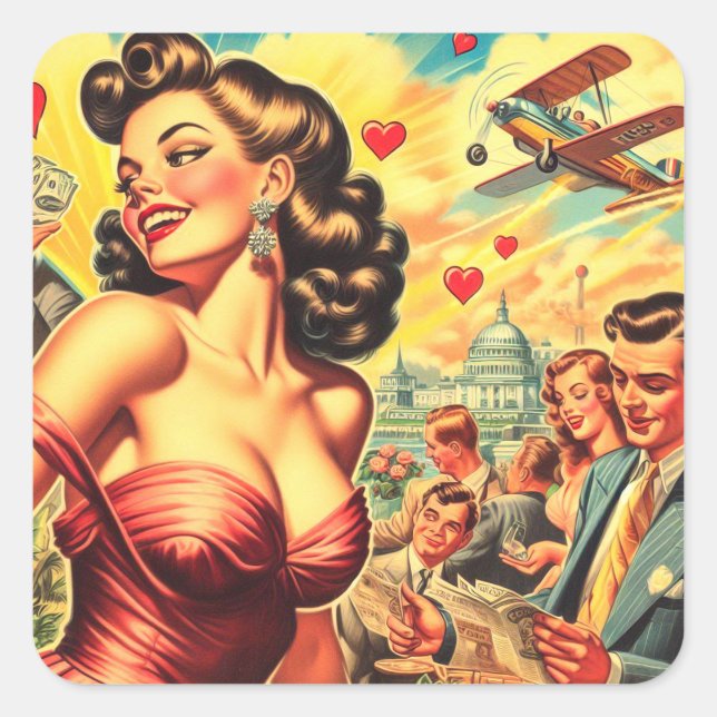 Retro Kitsch Niedliches Button Quadratischer Aufkleber (Vorderseite)