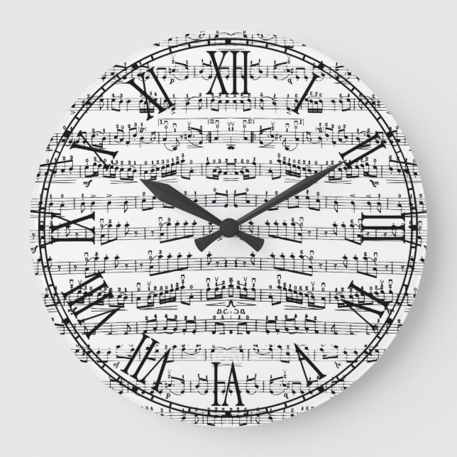 Retro Klavier-Blatt-Musiknoten-Muster Große Wanduhr (Vorderseite)