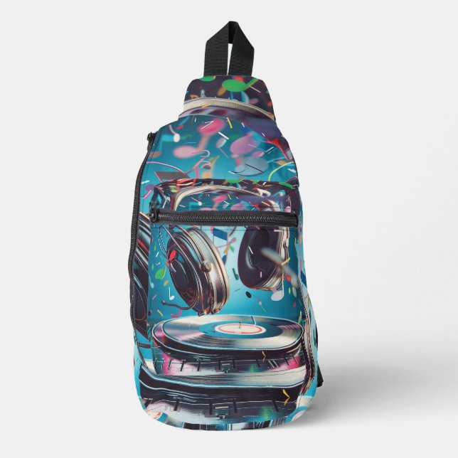 Retro-Kopfhörer und digitale Vinyl-Kunst Crossbody Bag (Vorderseite)