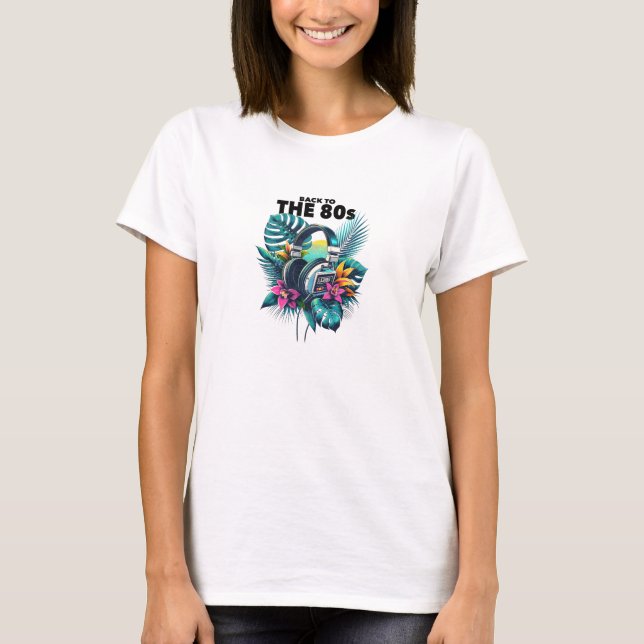 Retro-Kopfhörer zurück zum 80. tropischen T-Shirt (Vorderseite)