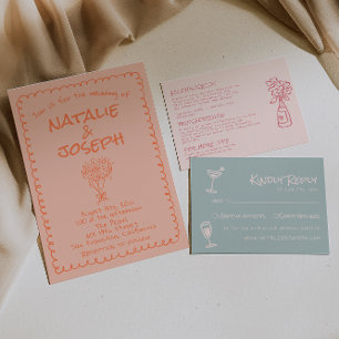Retro-Korallen-Handschrift-quirilustige Hochzeit Einladung