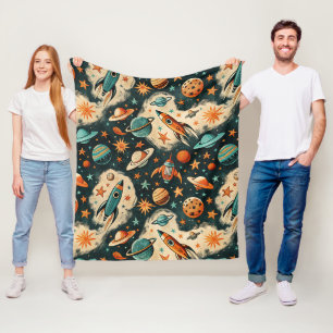 Retro Kosmische Raketen-Comic Teal Gold Starburst Fleecedecke