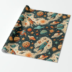 Retro Kosmische Raketen-Comic Teal Gold Starburst Geschenkpapier