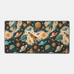 Retro Kosmische Raketen-Comic Teal Gold-Sternenexp Schreibtischunterlage