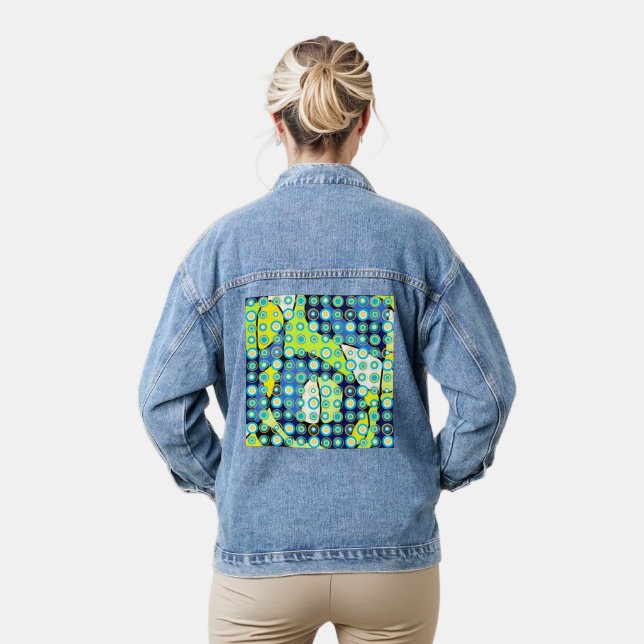 Retro-Kreise Gelb-Türkis auf Neuro-Grün Jeansjacke (Modell)
