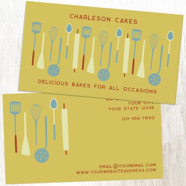 Retro Küche Backen Catering gelb Visitenkarte (Retro Kitchen yellow business card template with editable text for baker, cake maker, catering, cafe)
