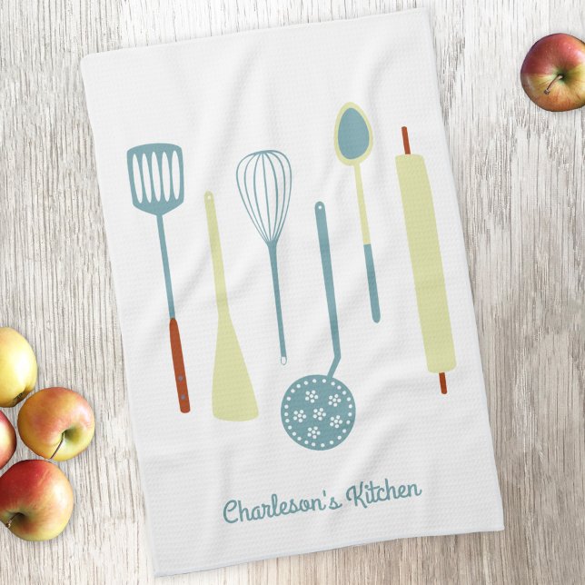 Retro-Küche Personalisiert Geschirrtuch (Retro kitchen utensils personalized kitchen towel with editable text)