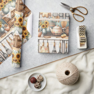 Retro-Küchenregal und Sonnenblumen-Geschenkpapier Geschenkpapier