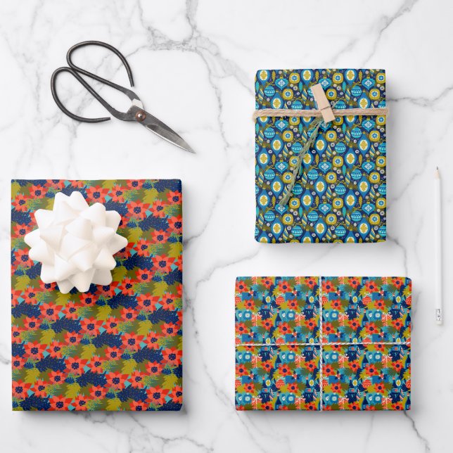Retro Künstlerisch Poinsettia Weihnachten Geschenkpapier Set (Vorderseite)