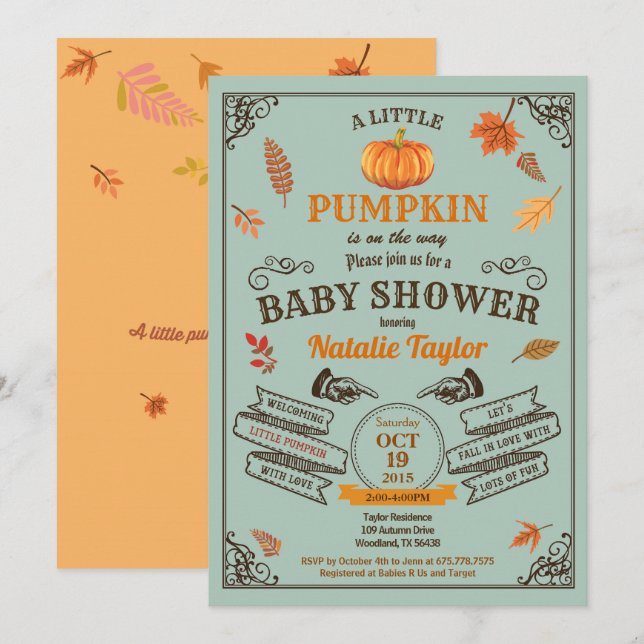 Retro Kürbis Babydusche Einladung grün (Vorne/Hinten)
