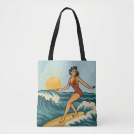 Retro-Küsten-Pin-Up-Surfer-Kunst | Blaue Surfwelle Tasche