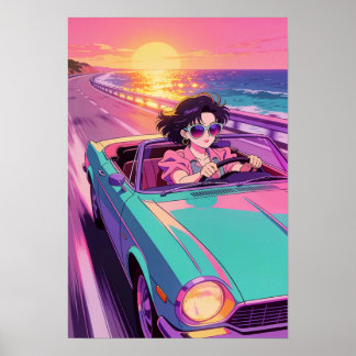 Retro-Küstenfahrt 90er Anime-Sonnenuntergang Poster