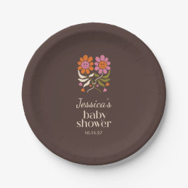Retro Lächeln Blume Personalisiert Babydusche brau Pappteller