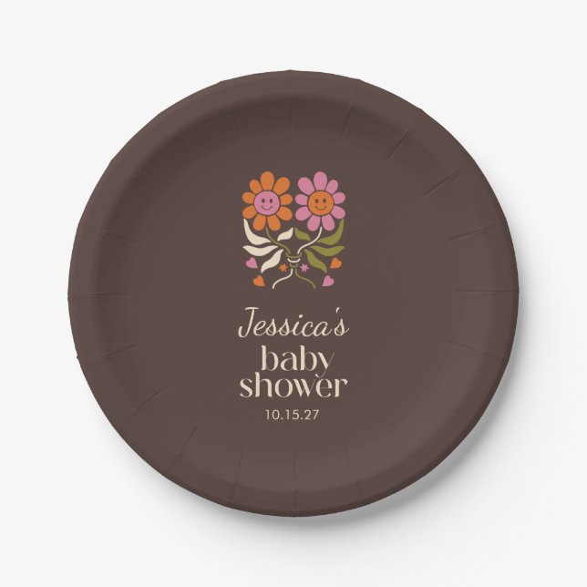 Retro Lächeln Blume Personalisiert Babydusche brau Pappteller (Vorderseite)