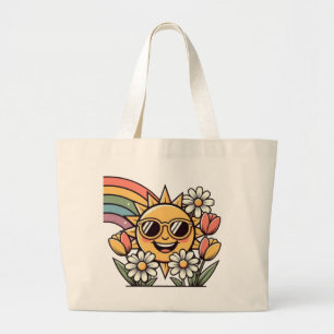 Retro lächelnde Sonnenblumen-Blumen-Vintage-Design Jumbo Stoffbeutel