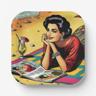 Retro Lady am Beach Daydreaming über Mode Pappteller