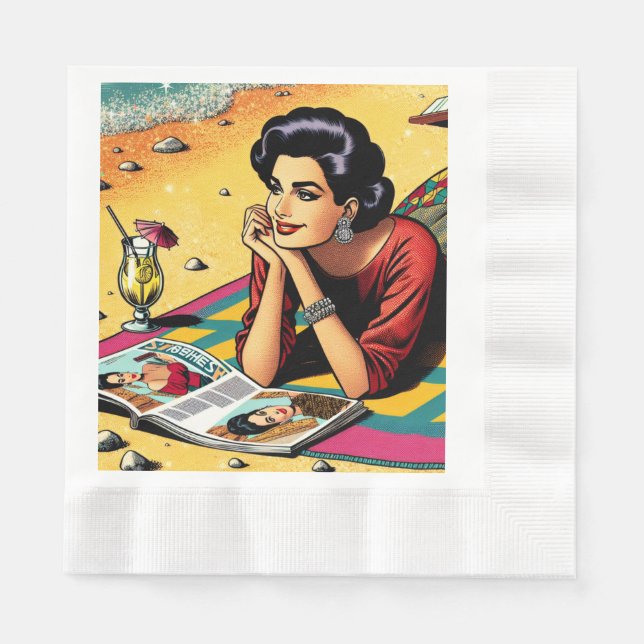Retro Lady am Beach Daydreaming über Mode Serviette (Vorderseite)