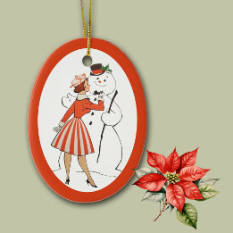 Retro Lady and Snowman Keramik Ornament