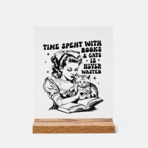 Retro lady book amoureux des chats mot art